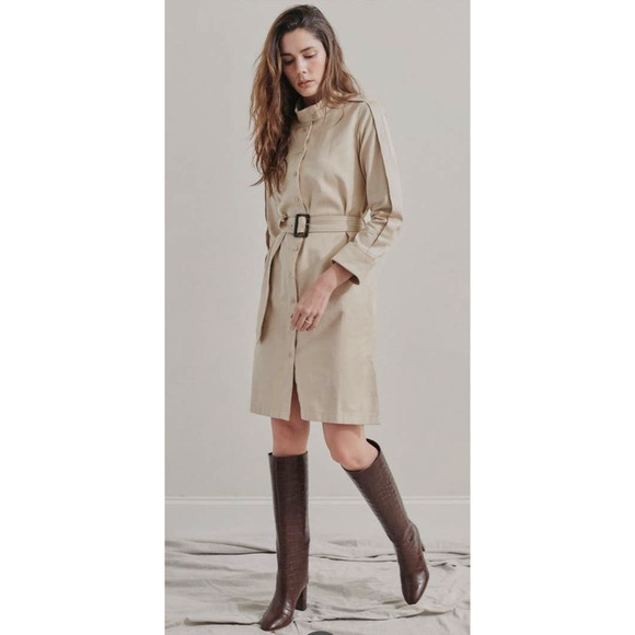 BLDWN Sz M Button Up Tie Waist Collared Morris Trench Coat Dress in Studio Beige - Picture 1 of 14
